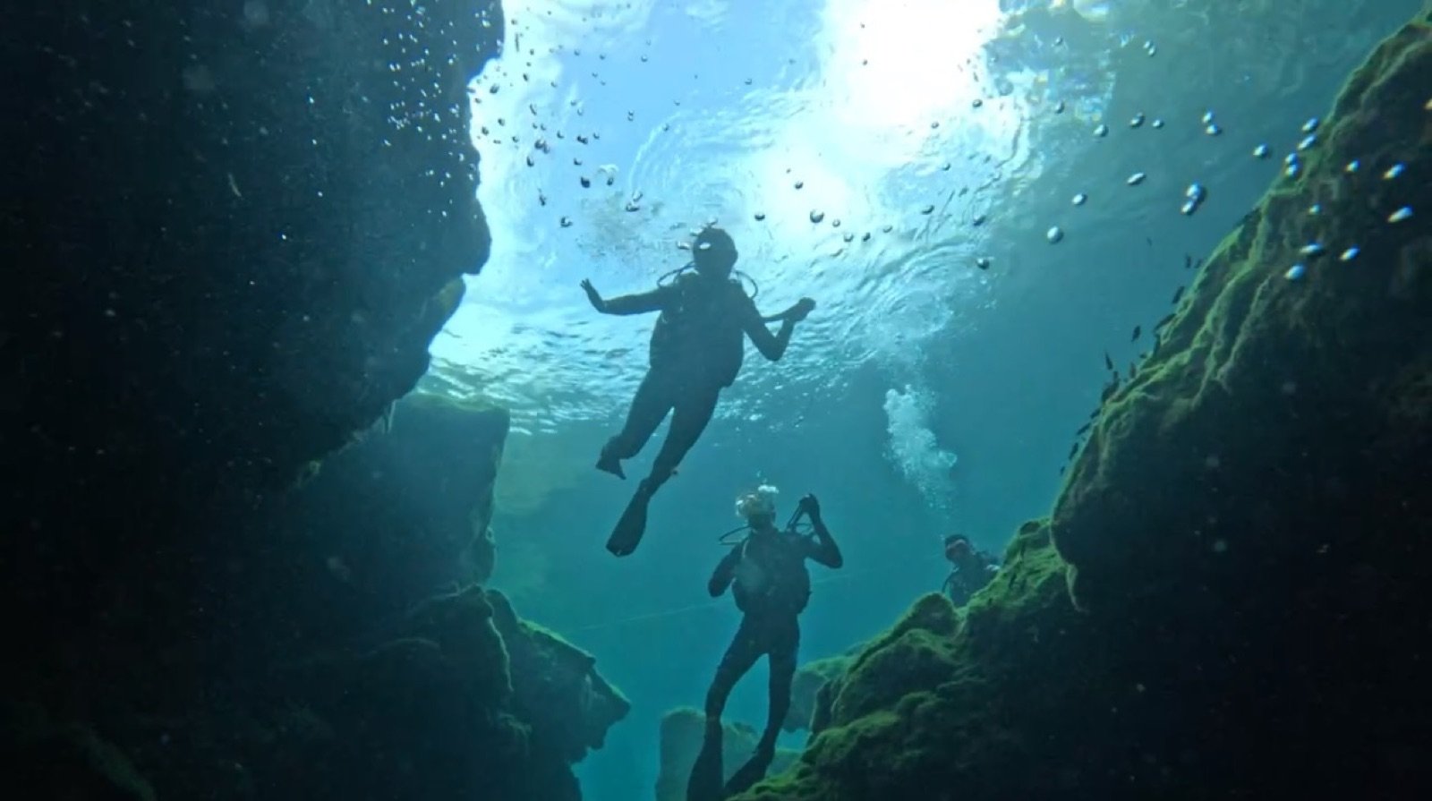 Michie & Charlie scuba diving in a cavern