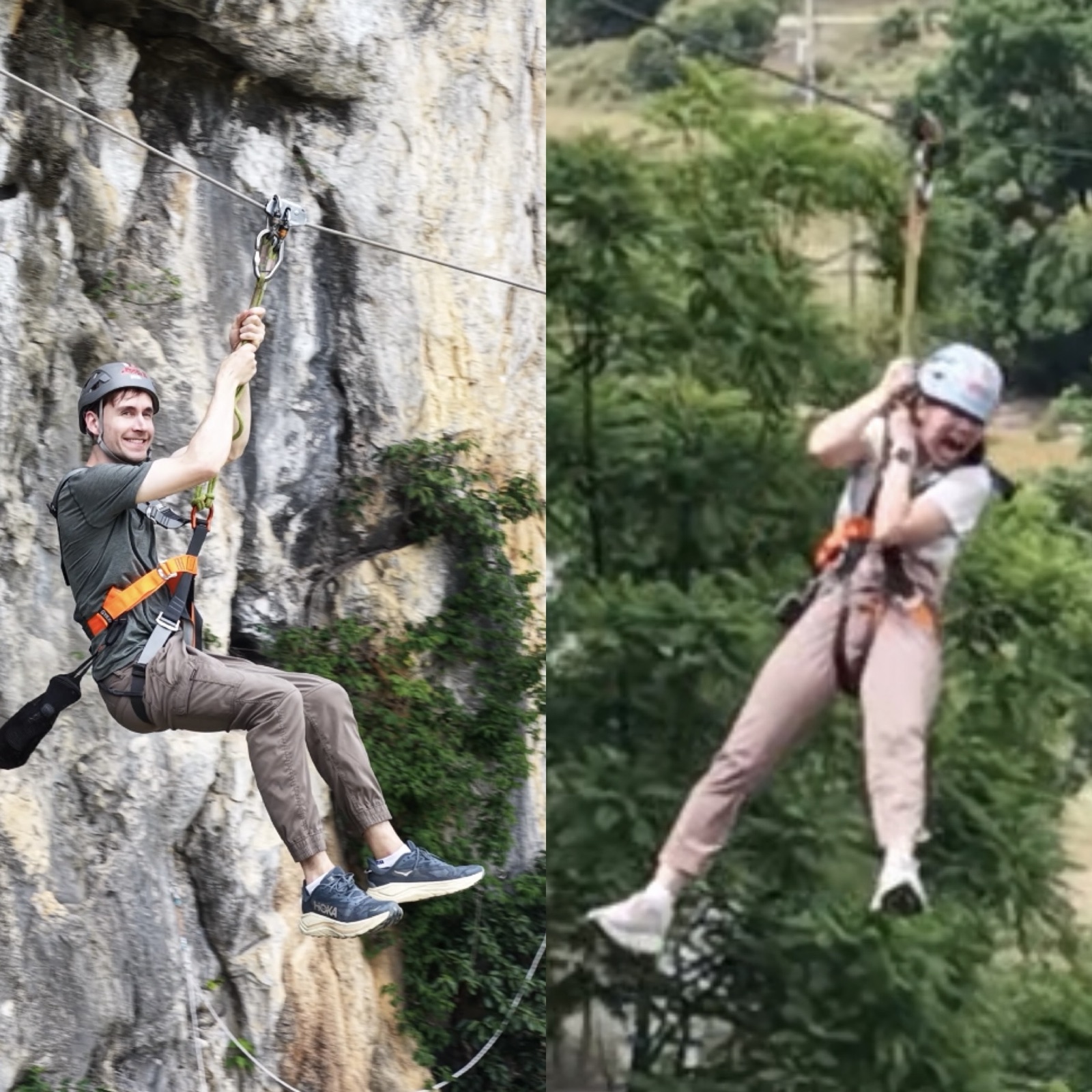 Charlie calm and Michie screaming on a zipline